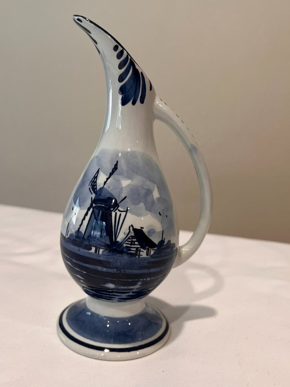 Delft - Antique hand-painted 7" ceramic pitcher with windmill scene